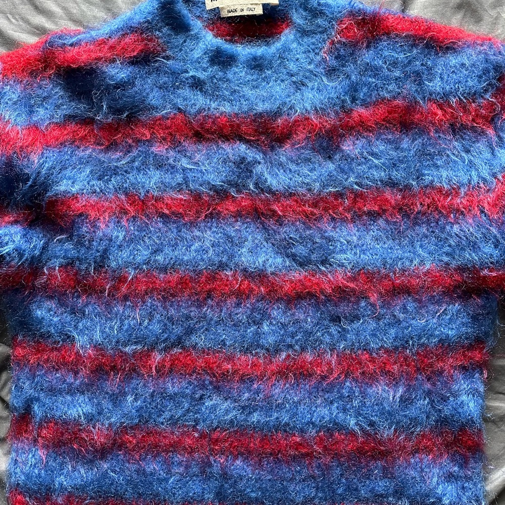 Marni Fuzzy Blue and Red Striped Crewneck Sweater